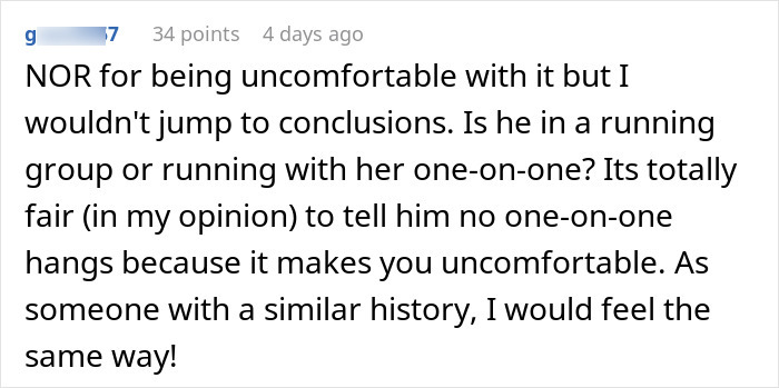 Comment discussing boundaries and discomfort after husband runs with divorced mom, related to relationship questions.