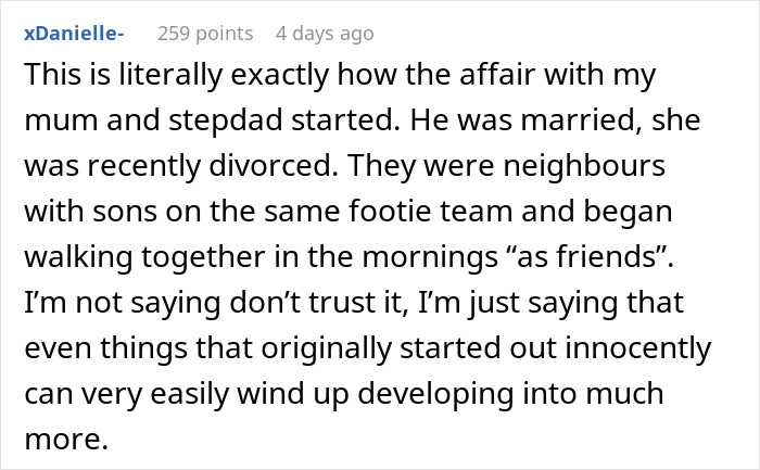 Screenshot of a social media comment describing how running and friendship can lead to complicated boundaries in relationships.