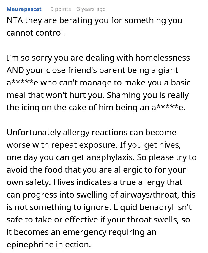 Comment discussing a teen’s allergic reaction at a friend’s house and advice on managing severe allergy risks and safety. Comment discussing a teen’s allergic reaction at a friend’s house and advice on managing severe allergy risks and safety.