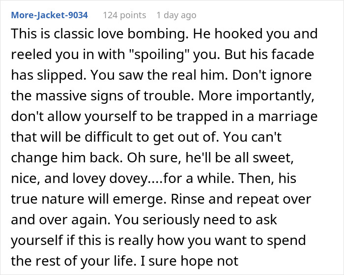 Comment text discussing signs of trouble and love bombing in a relationship, expressing concern about difficult marriage.