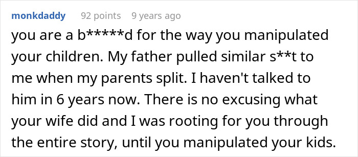 Screenshot of an online comment discussing manipulation and emotional impact related to a husband finding out wife is cheating.