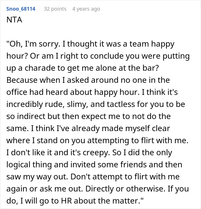 Comment on a forum with a petty response to a creepy coworker&rsquo;s indirect flirting at the bar after work.