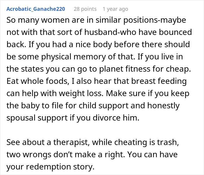 Comment discussing women coerced into pregnancy by husbands as punishment for cheating, advising support and therapy options.