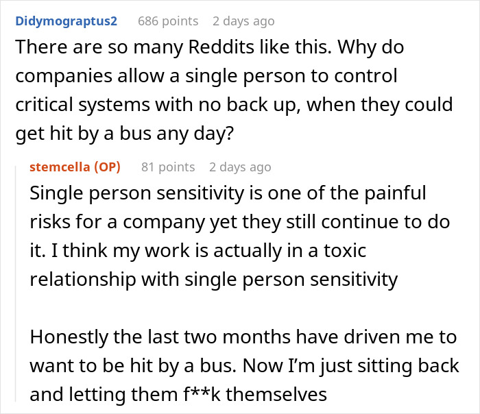 Screenshot of a Reddit discussion about risks of single person control over critical software systems in an engineering work context.
