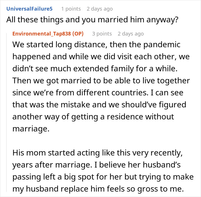 Online discussion about inlaws pushing boundaries after marriage causing stress and potential divorce concerns.