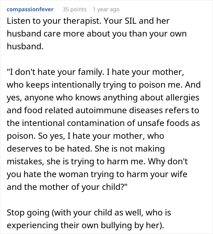 Reddit comment discussing a woman confronting her mother-in-law over purposely triggering allergies and intentional harm behavior. Reddit comment discussing a woman confronting her mother-in-law over purposely triggering allergies and intentional harm behavior.