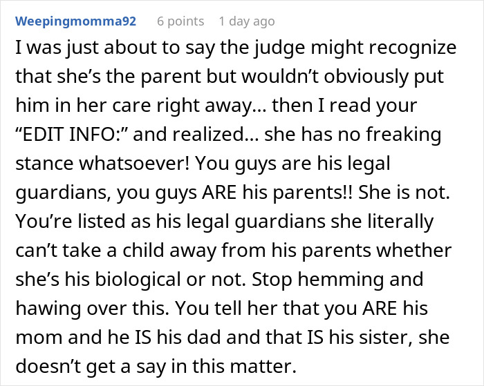 Comment discussing legal guardianship and parental rights in a mom giving baby up and wanting it back case.