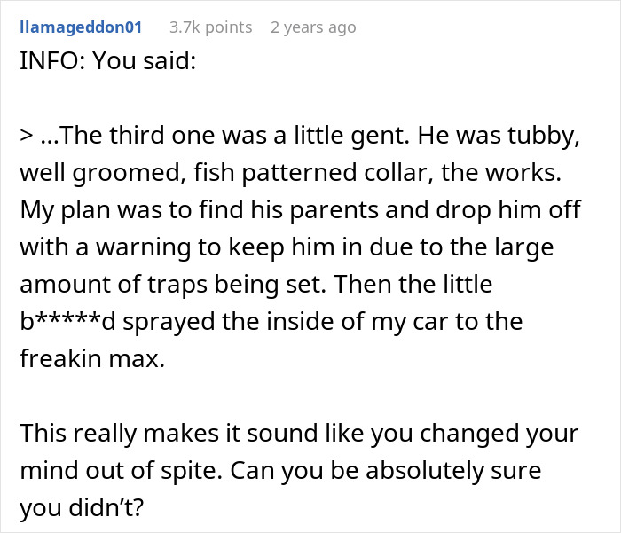 Comment discussing neutering cat owners drama involving a tubby cat and issues with traps and car damage.