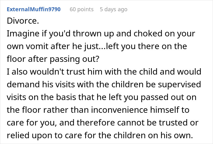 Man steps over passed out wife and goes to bed, leaving her behind in a cold and uncaring moment.
