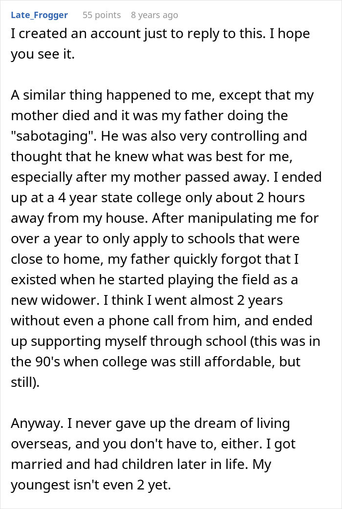 Alt text: Woman learns the truth about why she never got to study abroad due to family control and sacrifices. Alt text: Woman learns the truth about why she never got to study abroad due to family control and sacrifices.