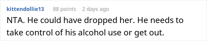 Screenshot of an online comment stating a husband needs to take control of his alcohol use or leave the family. Screenshot of an online comment stating a husband needs to take control of his alcohol use or leave the family.