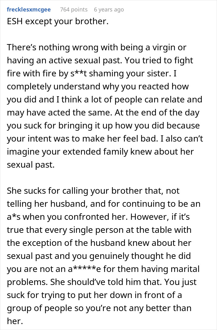 Reddit comment discussing eldest sister’s promiscuous past and youngest brother still being a virgin in family conflict. Reddit comment discussing eldest sister’s promiscuous past and youngest brother still being a virgin in family conflict.