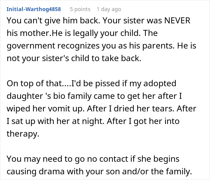 Reddit comment discussing a mom giving her baby up and wanting it back eight years later in an adoption debate.
