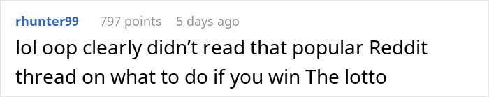 Reddit comment discussing advice and reactions when girlfriend wants to quit job after winning the lottery.
