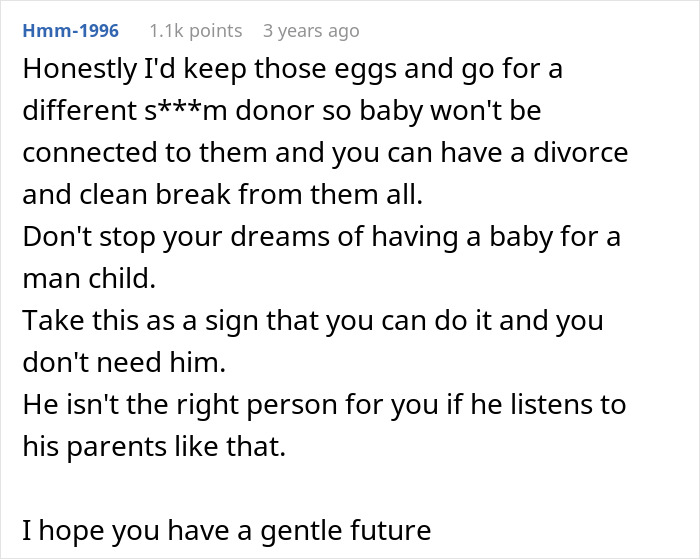 Comment advising to keep eggs and choose a donor, focusing on divorce and anxiety around IVF during marriage.