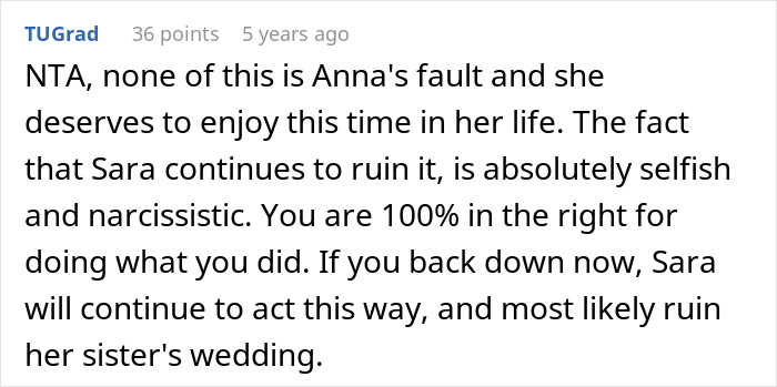 Comment discussing a single sister struggling with her sibling&rsquo;s engagement due to selfish and narcissistic behavior.