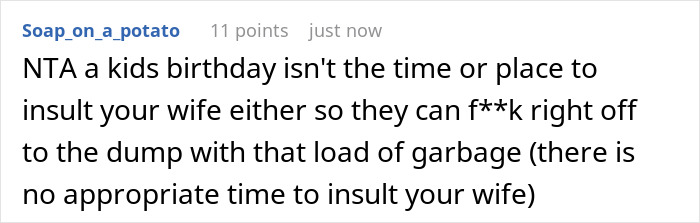 Screenshot of a Reddit comment where a user defends a cousin's wife against a rude husband during an argument.