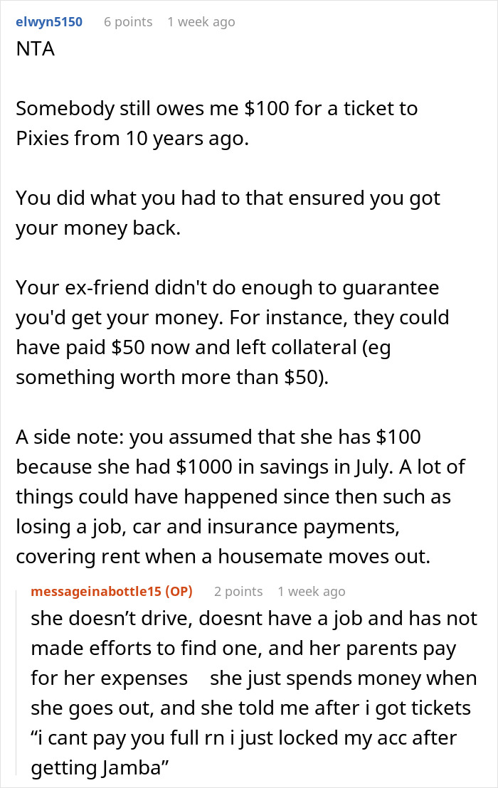Reddit comments discussing a woman refusing to wait for a friend who won’t pay her back for a ticket purchase. Reddit comments discussing a woman refusing to wait for a friend who won’t pay her back for a ticket purchase.