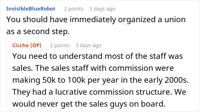 Screenshot of a Reddit thread discussing employee frustration over promised raises that were never implemented by management.