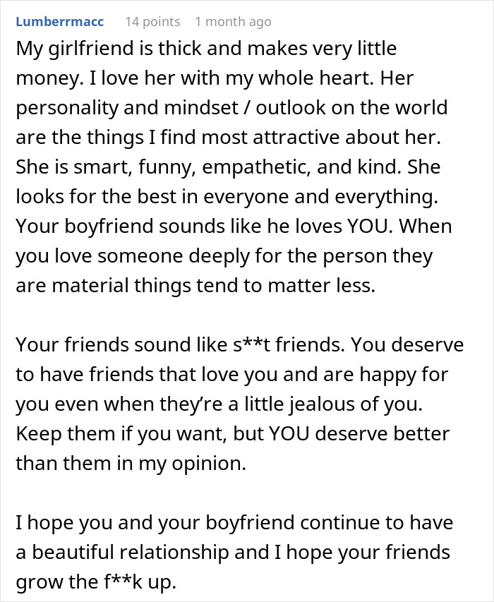 Alt text: Comment about woman devastated after friends say her model boyfriend is out of her league, emphasizing love beyond appearances.