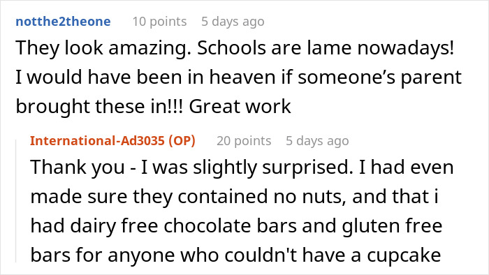Comment thread discussing a mom spending hours baking cupcakes for her son’s birthday and the unexpected school reaction. Comment thread discussing a mom spending hours baking cupcakes for her son’s birthday and the unexpected school reaction.