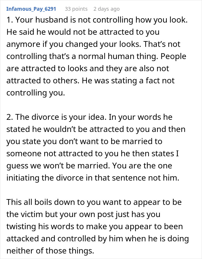 Comment explaining a husband giving an ultimatum about plastic surgery and attraction, discussing relationship control and divorce.