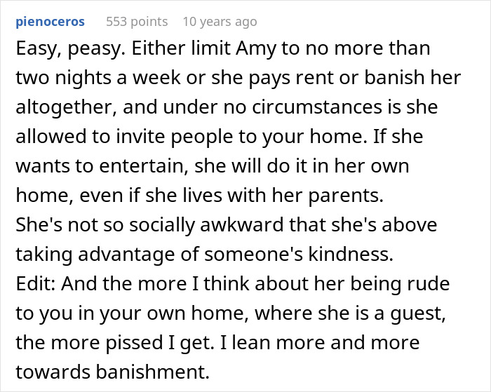 Text comment about limiting guest parties to no more than two nights a week to avoid ruining homeowners' events.