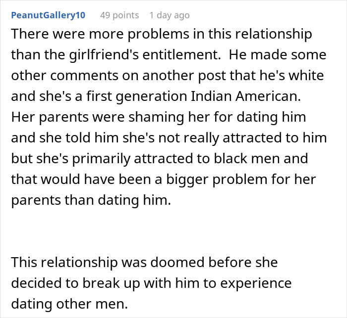 Alt text: Screenshot of a forum comment discussing entitlement and relationship problems involving a manipulative breakup and demands for free rides.