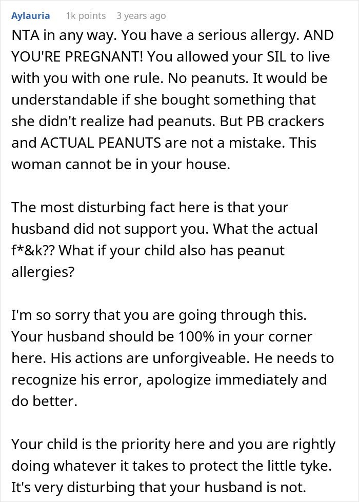 Comment expressing concern over peanut allergy risks as sister-in-law ignores no-peanut rule and husband sides with her. Comment expressing concern over peanut allergy risks as sister-in-law ignores no-peanut rule and husband sides with her.