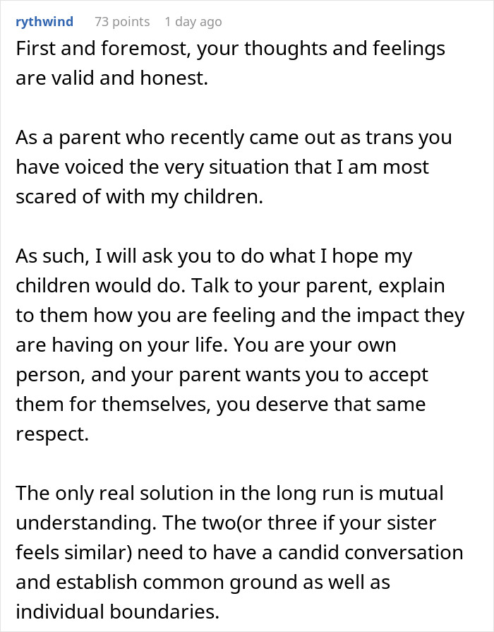 Comment discussing a trans parent and the challenges faced by their children seeking mutual understanding and respect. Comment discussing a trans parent and the challenges faced by their children seeking mutual understanding and respect.