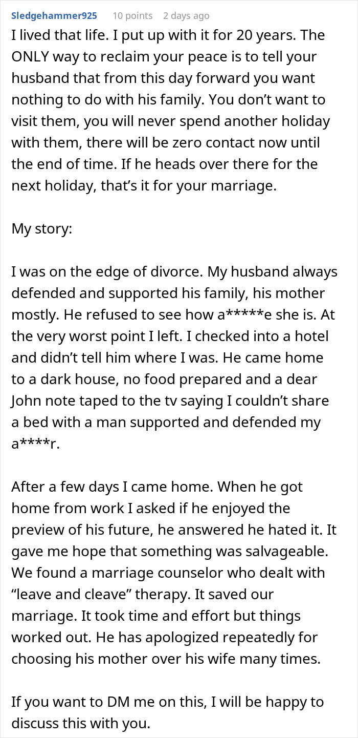 Screenshot of a detailed personal story about inlaws pushing boundaries and the impact on a near divorce.
