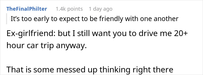 Text post showing a Reddit comment about an ex-girlfriend demanding free rides after breakup manipulation.