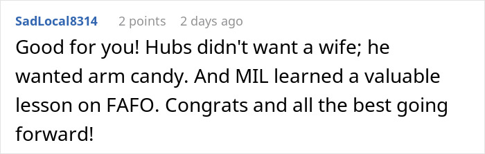 Screenshot of an online comment praising a woman turning her life around after learning what her husband really thinks of her body.