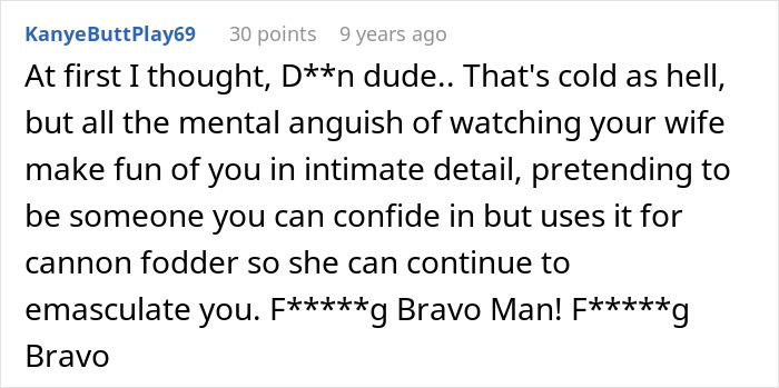 Comment expressing shock and praise for husband&rsquo;s pro revenge after finding out wife is cheating and walking away with everything.