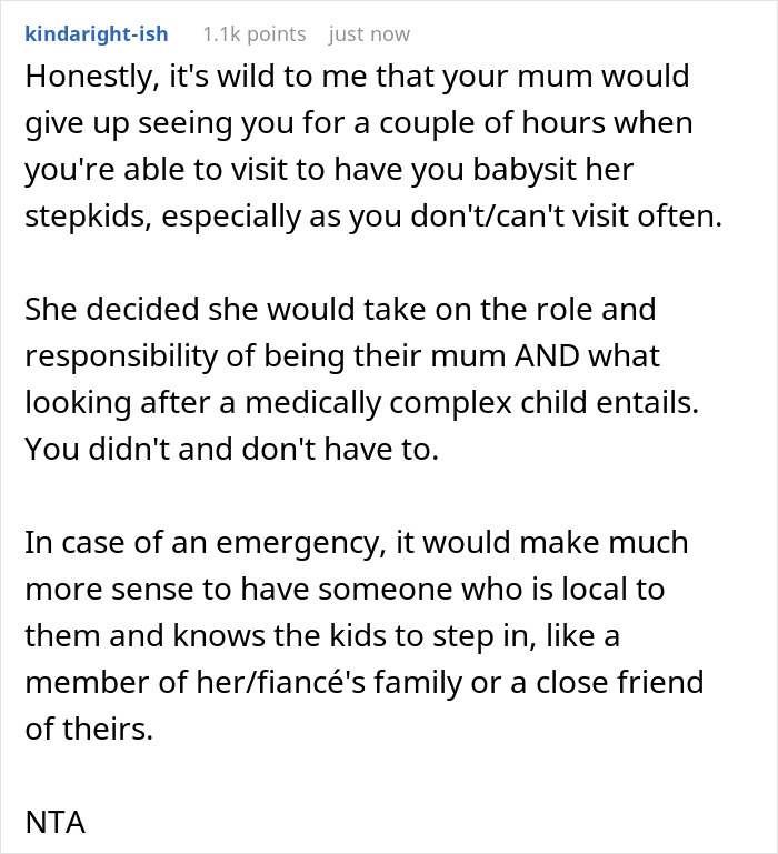 Text post discussing a mom trying to recruit her 20-year-old son to care for fiance’s disabled daughter, causing conflict. Text post discussing a mom trying to recruit her 20-year-old son to care for fiance’s disabled daughter, causing conflict.