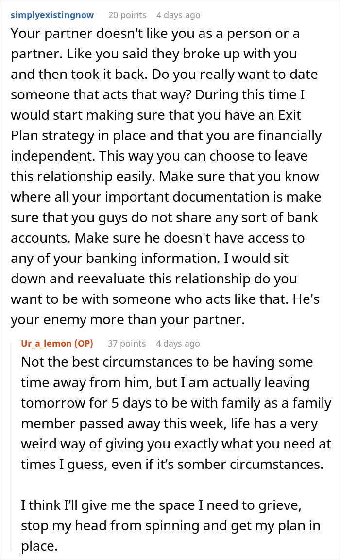 Screenshot of a Reddit conversation discussing relationship red flags and financial independence after a man starts earning more than his girlfriend.