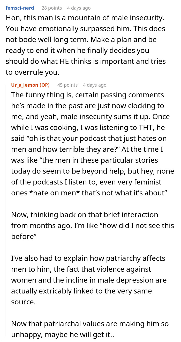 Red flags revealed by a man who starts earning more than girlfriend a year into the relationship, discussing male insecurity issues.