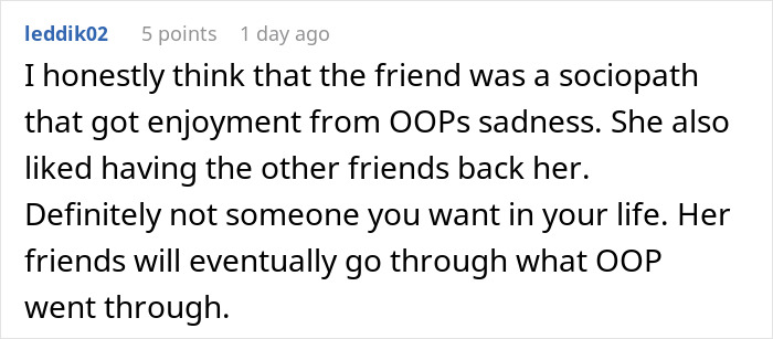 Reddit comment discussing a woman ending a 15-year friendship after a purse fiasco and emotional fallout.