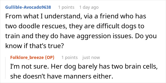 Text conversation about doodle rescues being difficult dogs to train and a friend's dog lacking manners and intelligence.