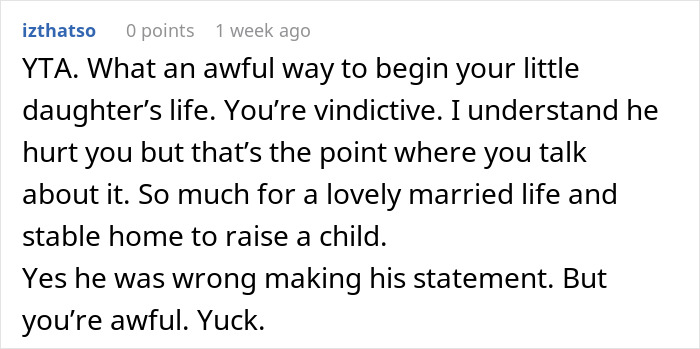 Comment expressing disapproval of husband calling pregnant wife disgusting and impact on baby&rsquo;s early life and family stability.