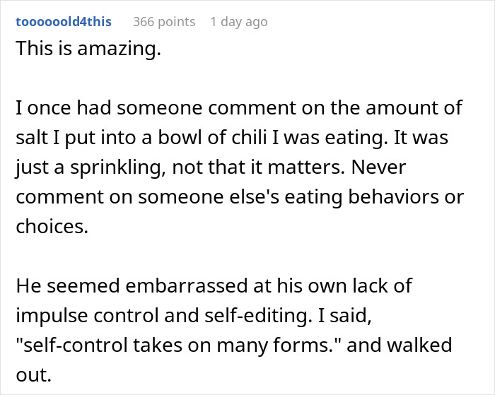 Text post from a user sharing a story about body-shaming and the importance of respecting others' eating choices.