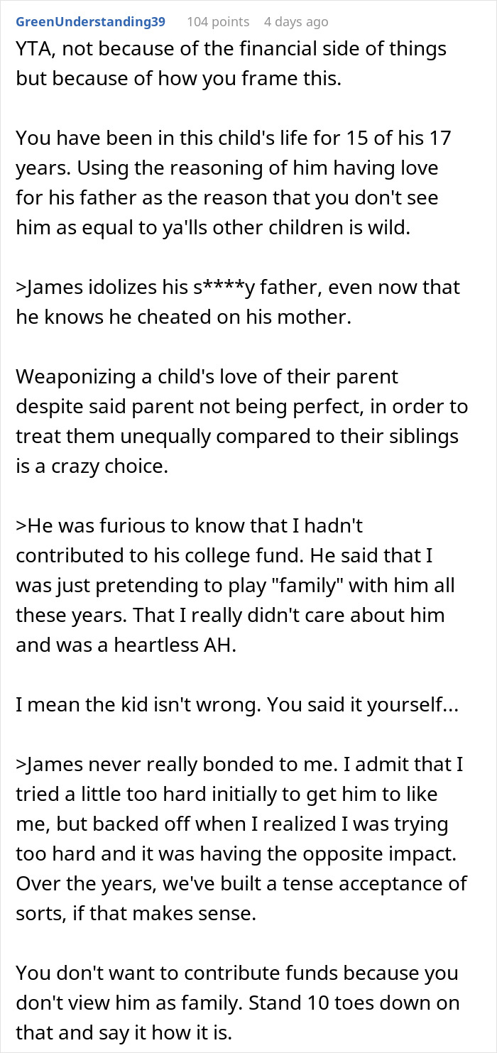 Reddit comment discussing man denying stepson&rsquo;s pleas to contribute to his college fund and family relationship issues.
