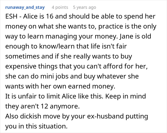 Text comment about mom telling daughter she cannot buy expensive items to keep fairness with sibling, family money advice.