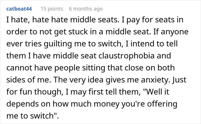 Text post expressing strong dislike of middle seats on planes, mentioning anxiety and refusal to switch seats.