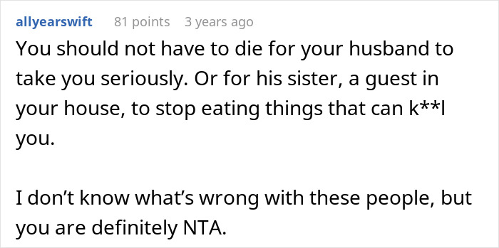 Comment about woman risking anaphylaxis due to sister-in-law ignoring no-peanut rule and husband's betrayal. Comment about woman risking anaphylaxis due to sister-in-law ignoring no-peanut rule and husband's betrayal.