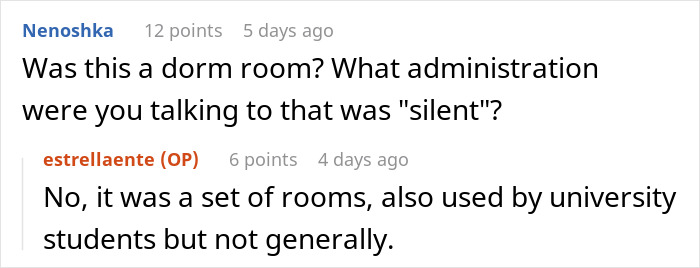 Screenshot of an online conversation discussing whether a dorm room was used by university students, with focus on awkward guest issues.