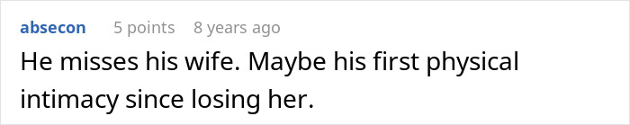 Comment on a dating story, showing text about a man missing his late wife and first intimacy since her loss.