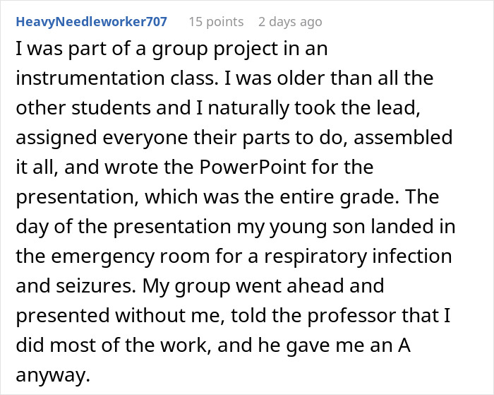 Text post describing group project fails due to lazy teammates expecting the smart one to do everything but he doesn&rsquo;t.