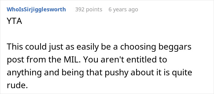 Screenshot of an online comment addressing a childfree woman upset about her MIL refusing to make a family quilt. Screenshot of an online comment addressing a childfree woman upset about her MIL refusing to make a family quilt.