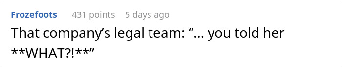 Text post saying a company&rsquo;s legal team reacts in shock to new manager calling overweight woman unfit to see clients.